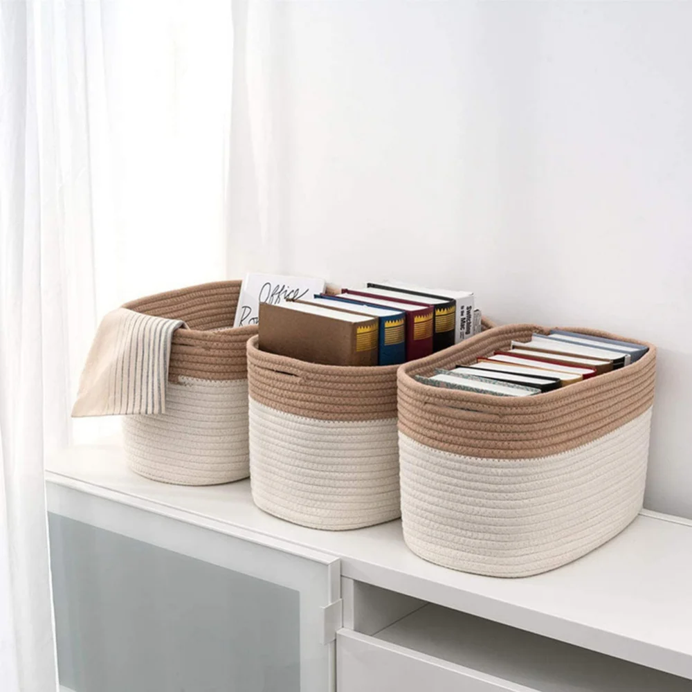 Hinwo ovale corda di cotone cesto portaoggetti pieghevole nursery Storage box contenitore organizer con manici 33 x 25,4 cm bianco sporco e grigio 