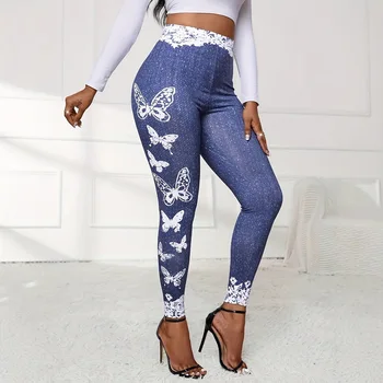 Fashionable new butterfly lace printed tight fitting imitation denim leggings 1