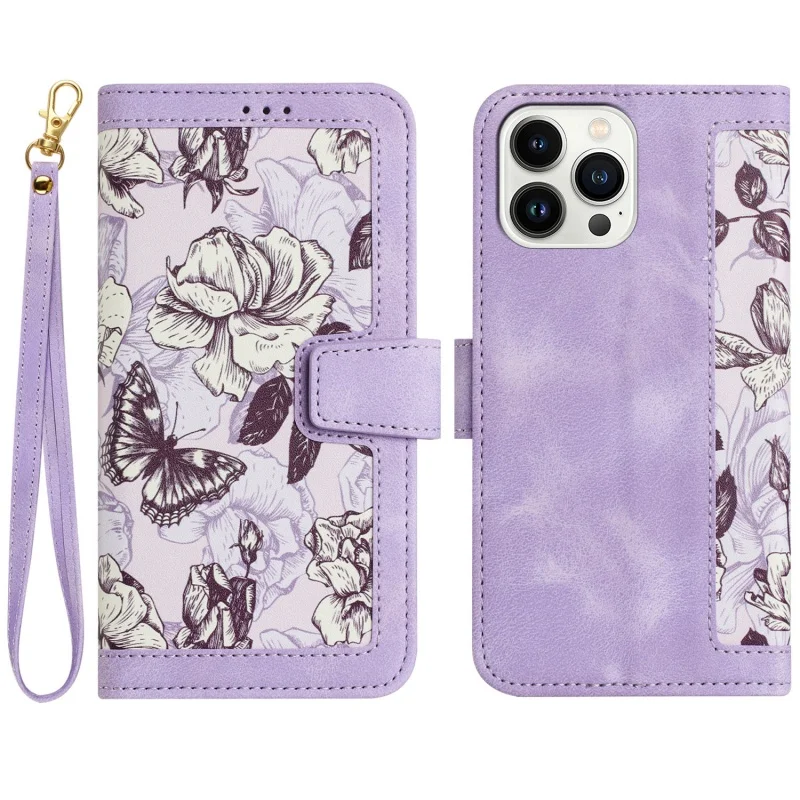 Embossed Flower Leather Wallet Phone Case with Wrist Strap and Card Holder