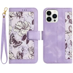 Embossed Flower Leather Wallet Phone Case with Wrist Strap and Card Holder - iPhone 14 (Purple)