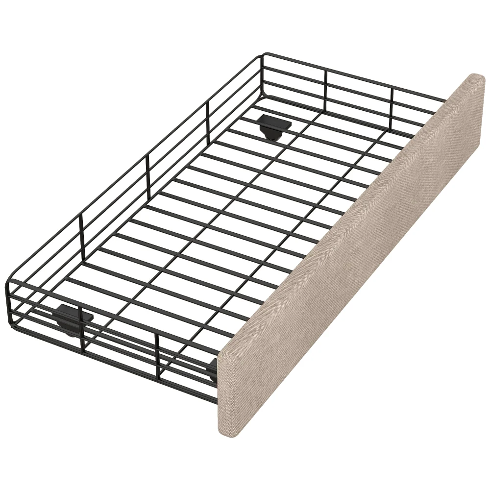 Elegantes gepolstertes Flachbett 90 x 200 cm – hellbeiges Bett mit Nietenverzierung, 2 Schubladen mit Stauraum, platzsparende Schlafzimmermöbel – Detail 20