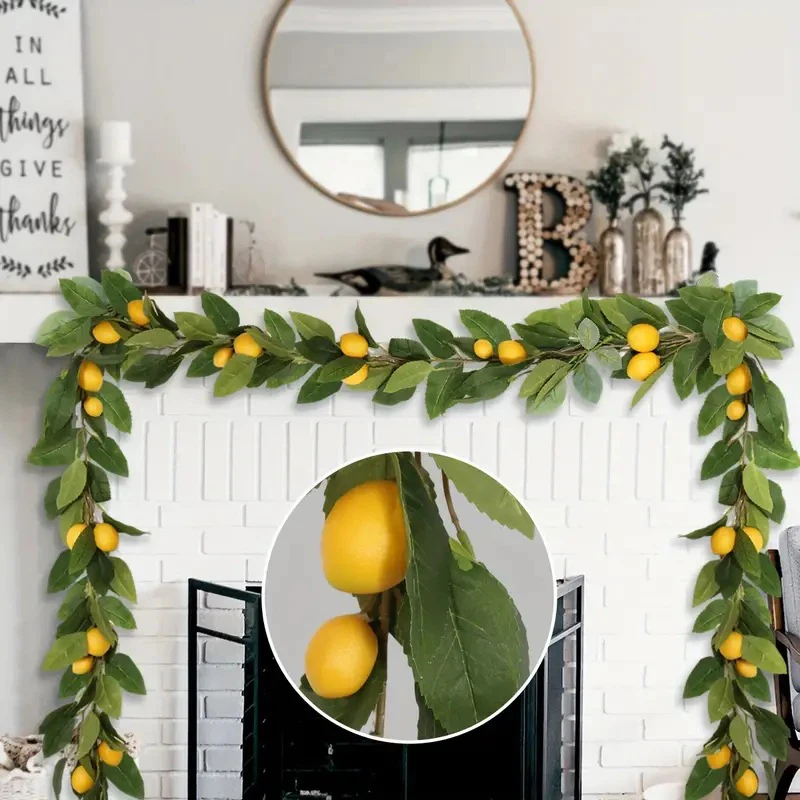Lemon and Greenery Spring Wreath with Artificial Lemons and Vines for Fireplace Mantel and Home Decor - Vibrant Fruit Garland