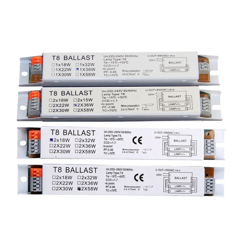 220-240V AC 2x18W/2x30W/2x58W/2x36W/1x36W Wide Voltage T8 Electronic Ballast Fluorescent Lamp Ballasts