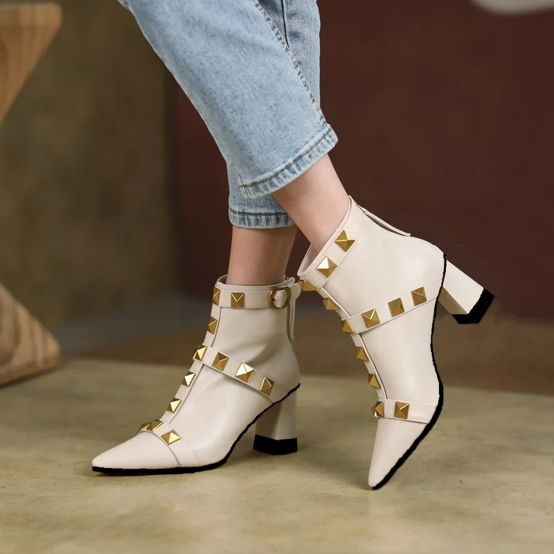 

fashion pointed toe women shoes autumn winter punk soft leather thick high heel rivet short boots black brown white shoe boots