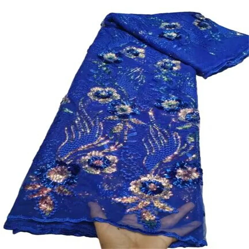 

Royal Blue/Gold French Sequins Tulle Lace Fabric Embroidery Nigerian Mesh Lace Fabrics 5 Yards African Lace Fabric For Wedding