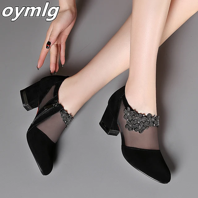 Summer Women High Heel Shoes Mesh Breathable Pumps Zip Pointed Toe Thick Heels Fashion Female Dress Shoes Elegant Footwear 5