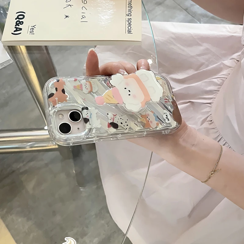 For iPhone 14Promax 2023 New Ins Net Red Cartoon Puppy Silver Ripple Stereo Stand Mobile Phone Soft Case 14Pro 13Promax 12 11