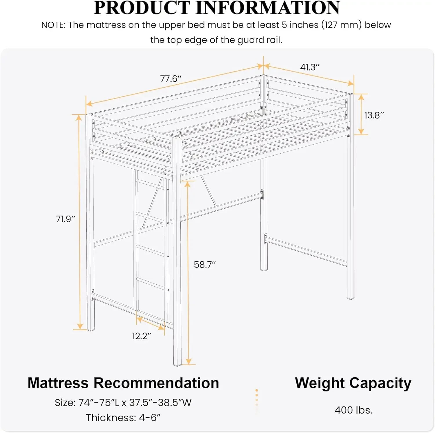 SHA CERLIN Metal Loft Bed Twin Size, Heavy Duty Loft Twin Bed Frame with Full-Length Guardrail & Removable Stairs, Noise-Free, 3