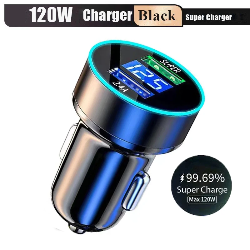 120W Dual USB Car Chargers Fast Charging Adapter With Digital Display Heat Resistance For iphone 14 13 Samsung Huawei In car