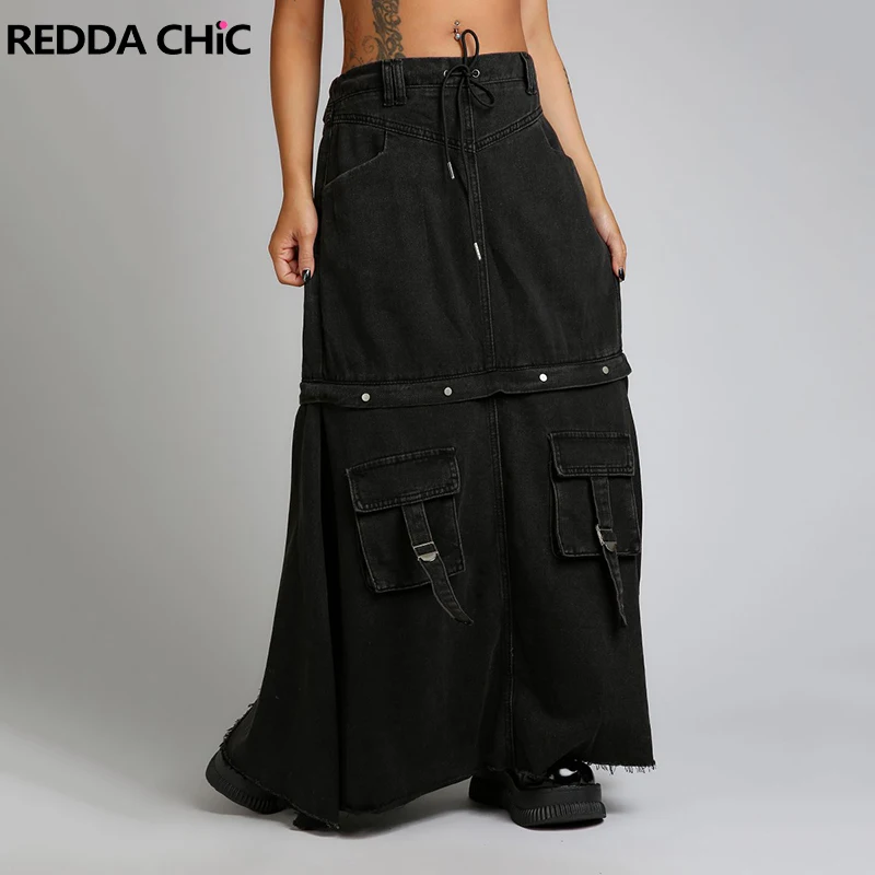 

REDDACHiC Detachable Cargo Pockets Denim Maxi Skirt Women Punk Y2k Deconstructed Balloon Skirt Drawstring Waist Long Jeans Skirt