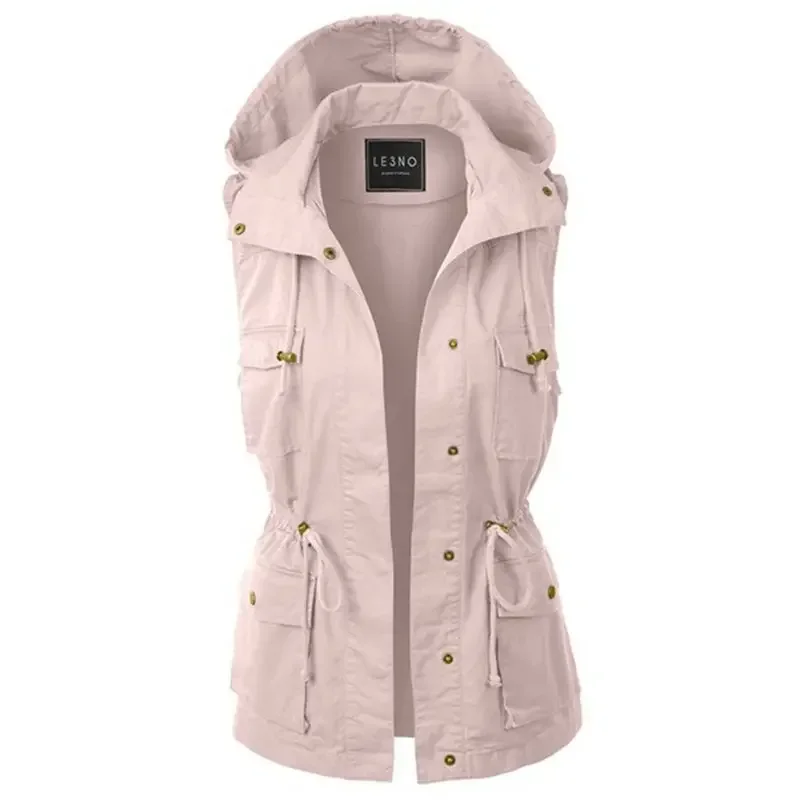 2023 Women Vest Hooded Sleeveless Coat Autumn Winter Pocket Solid Color Zipper Button Warm Ladies Female Vests Fashion Waistcoat