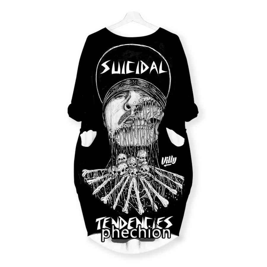 

phechion New Fashion Suicidal Tendencies 3D Print Dresses Casual Mid-length Dress Women Clothing Pocket Long Sleeve Tops T31
