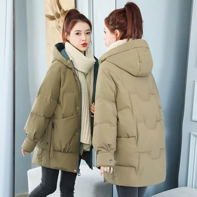 Down Cotton Jacket Women's Medium Length Winter 2023 New Korean Version Loose Thickened Cotton Jackets Casual Hooded Coat Female