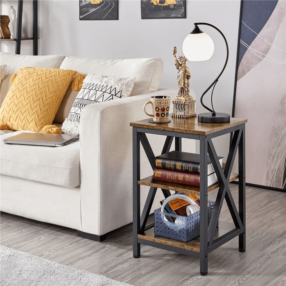 3-Tier Wood and Metal End Table, Rustic Brown 2