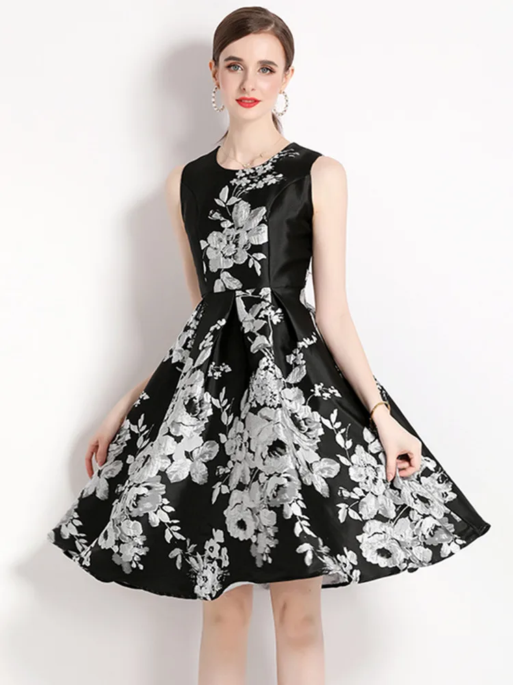 

Elegant Lady Flower Jacquard Dress High Quality Sleeveless O Neck High Waist Tank Robe Argent Knee Length Vest Vestidos
