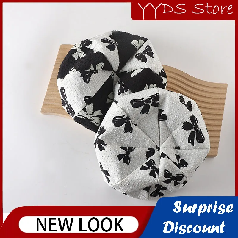 Children's Beret Black and White Classic Bow Painter Hat Flat Top Girls Fashion Octagonal Hat Sun Protection Hat Toddler Hat