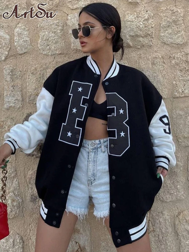 

Baseball Jacket Women Fashion Streetwear Letter Printed Patchwork Autumn Winter 2023 New Y2k Coats Buttons Sweatshirts Jackets