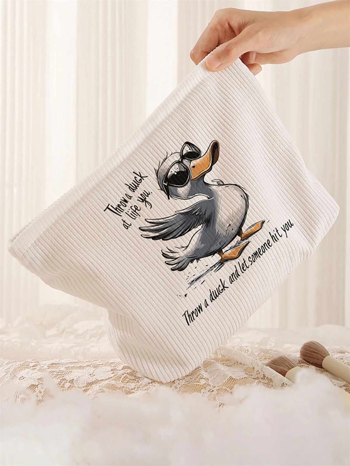 1 cartoon duck pattern printed corduroy makeup bag, lightweight zipper makeup storage box, multifunctional bag with lining