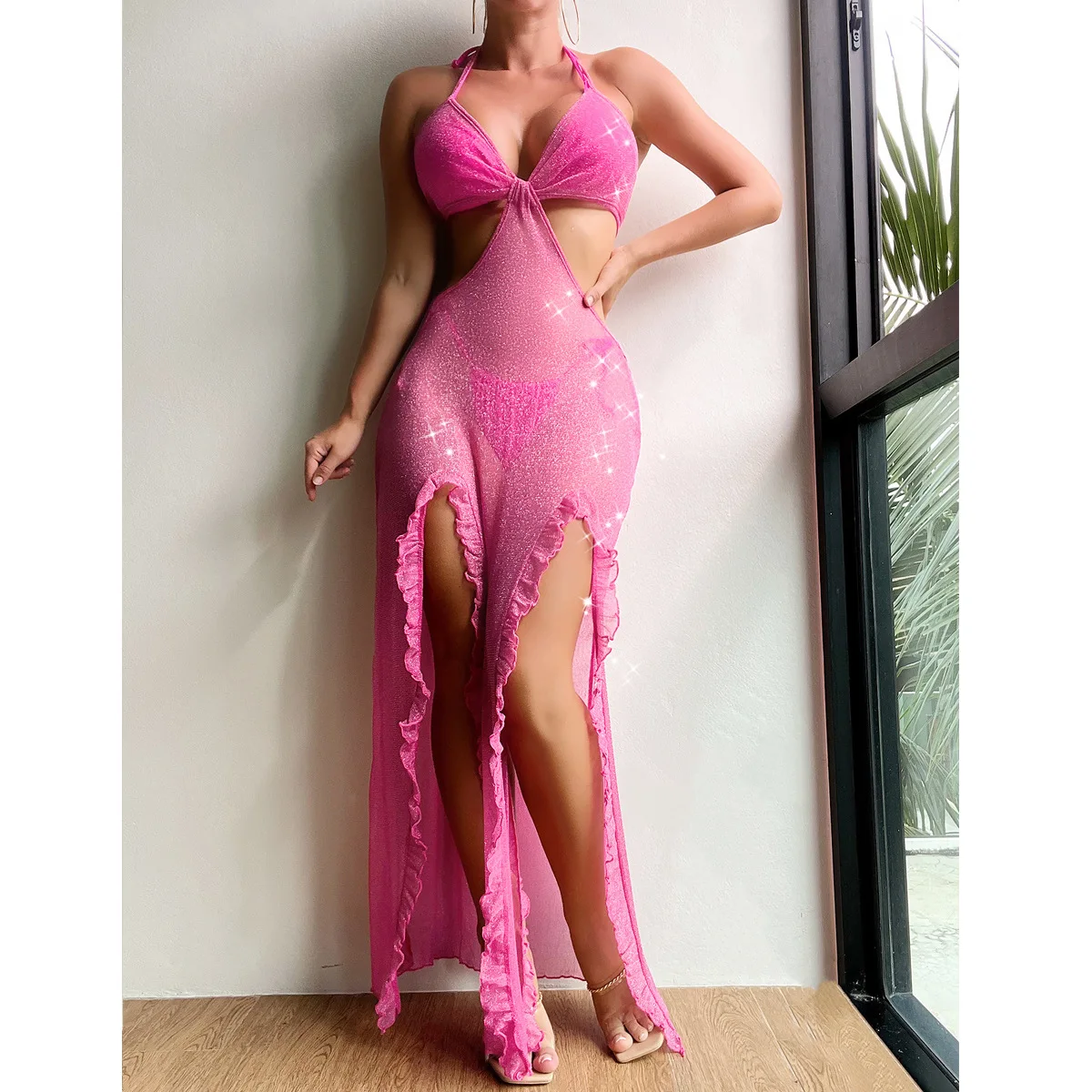 Shiny Bikini Cover Ups Women Solid Sleeveless Halter Long Maxi Dress 2023 Summer Beach Bathing Dress Sexy High Slit Vestidos