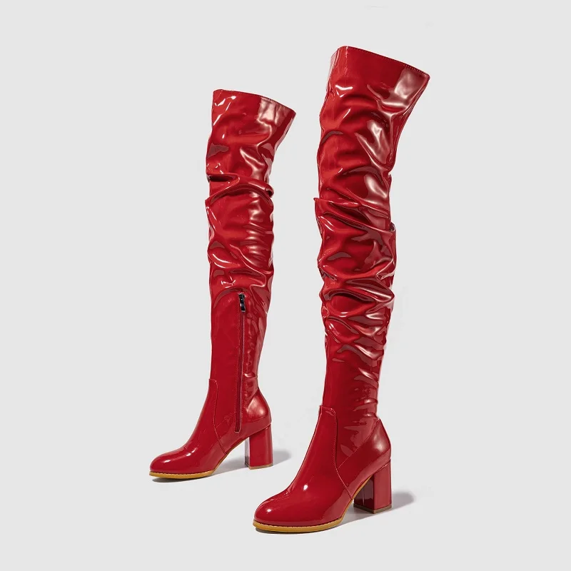 Eilyken Women Chunky High Heel Boots Designer Shoes Microfiber Leather Long Booties Over the Knee Botas De Mujer