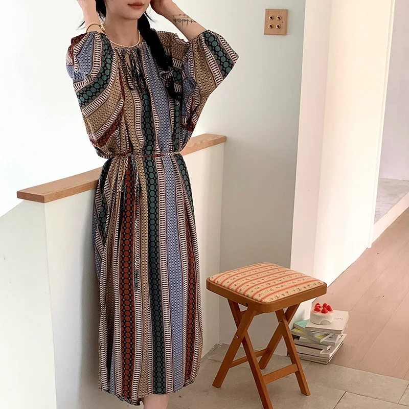 Female Bohemian Dresses Round Neck Long Sleeved Pajamas Floral Print Longuette Women's Clothing Thin Loose Cotton Silk Home Wea