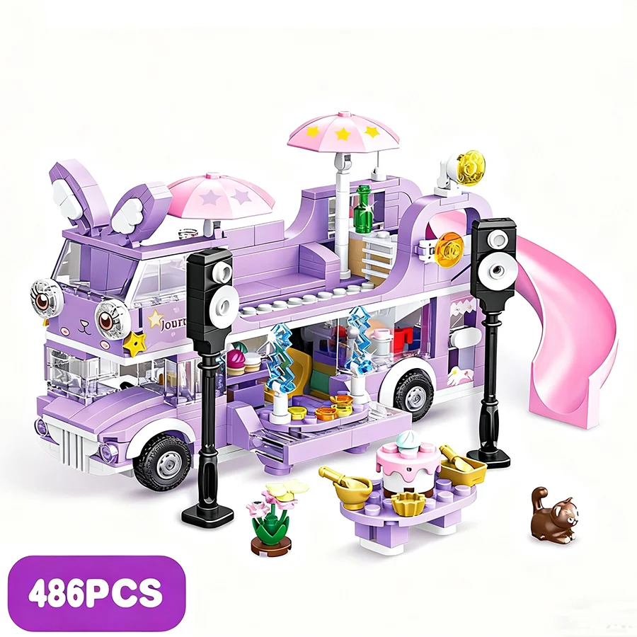 486PCS Mädchen Freunde Doppel-Storey Star Rabit Bus Bausteine Spielzeug STEM Ziegel Figuren Blume Weihnachten Tag Spielzeug mädchen