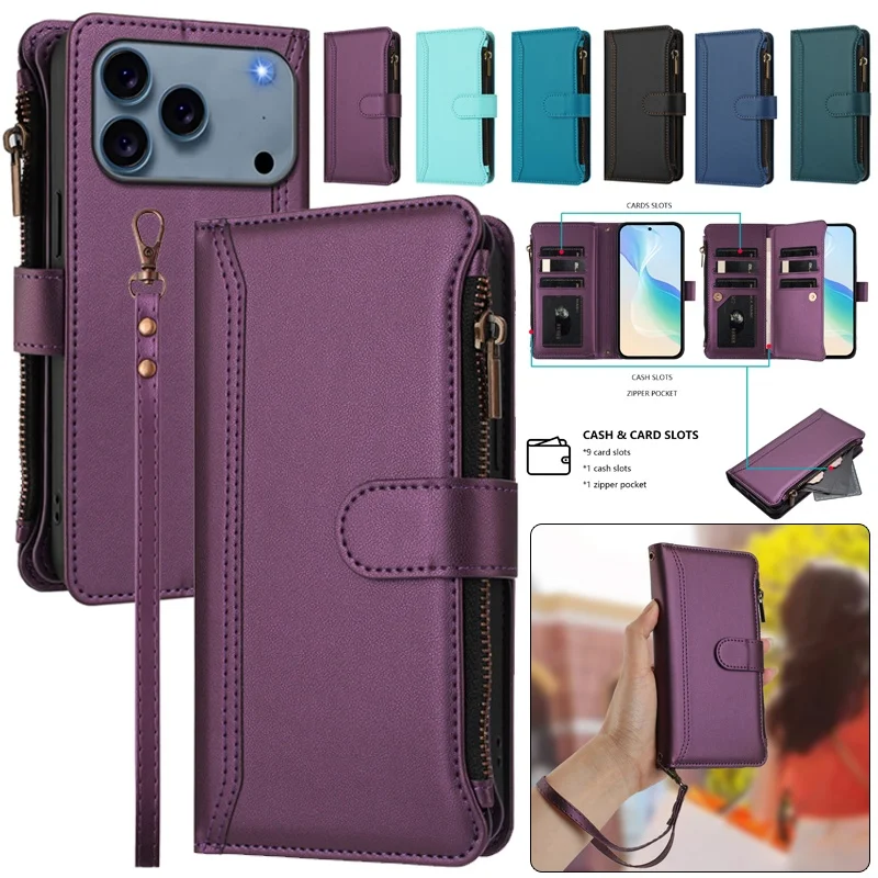 Leather Zipper Wallet Phone Case with Wrist Strap and Card Holder