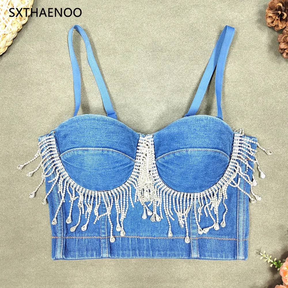 

SXTHAENOO New Summer Fashion Denim Bustier Bra Splicing Rhinestone Tassel Sexy Cropped Top Nightclub Rock Tank Tops for Women