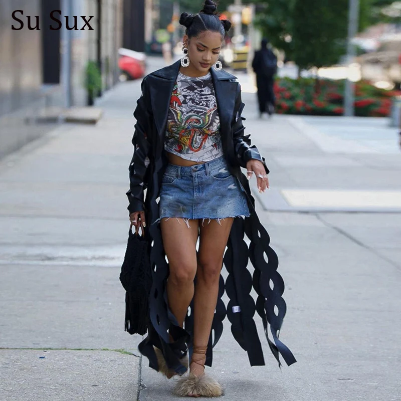 

PU Hollow Out Long Trench Coat For Women 2024 Casual Turn Down Collar Long Sleeve Long Jacket Vestidos Femme Outerwears