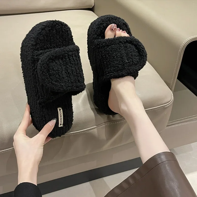 Women Thicken Plush Fur Slippers Winter Slip on Chunky Platform Loafers Mules Woman Thick Bottom Cotton Slippers Flip Flops