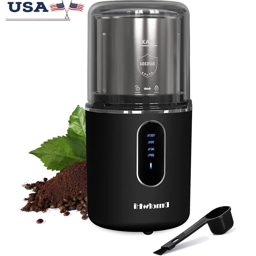 Cordless Electric Coffee Grinder USB Rechargeable Portable Coffee Bean Mill 200W Stainless Steel Blade Anti-Splash Lid Low Noise