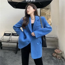 

Women Double Breasted Blazers Chic Office Lady Vintage Coat Fashion Outerwear Korean Style Loose Thick Suit Woolen Tops