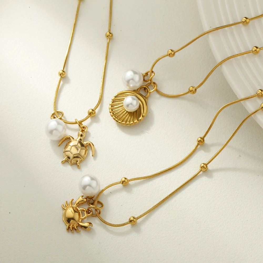 Edelstahl 2PCS Anhänger Halskette für Frauen Imitation Perle Golden Ocean Tier Wal Krabbe Charms Schmuck Sets Geschenk Trend – Detail 3