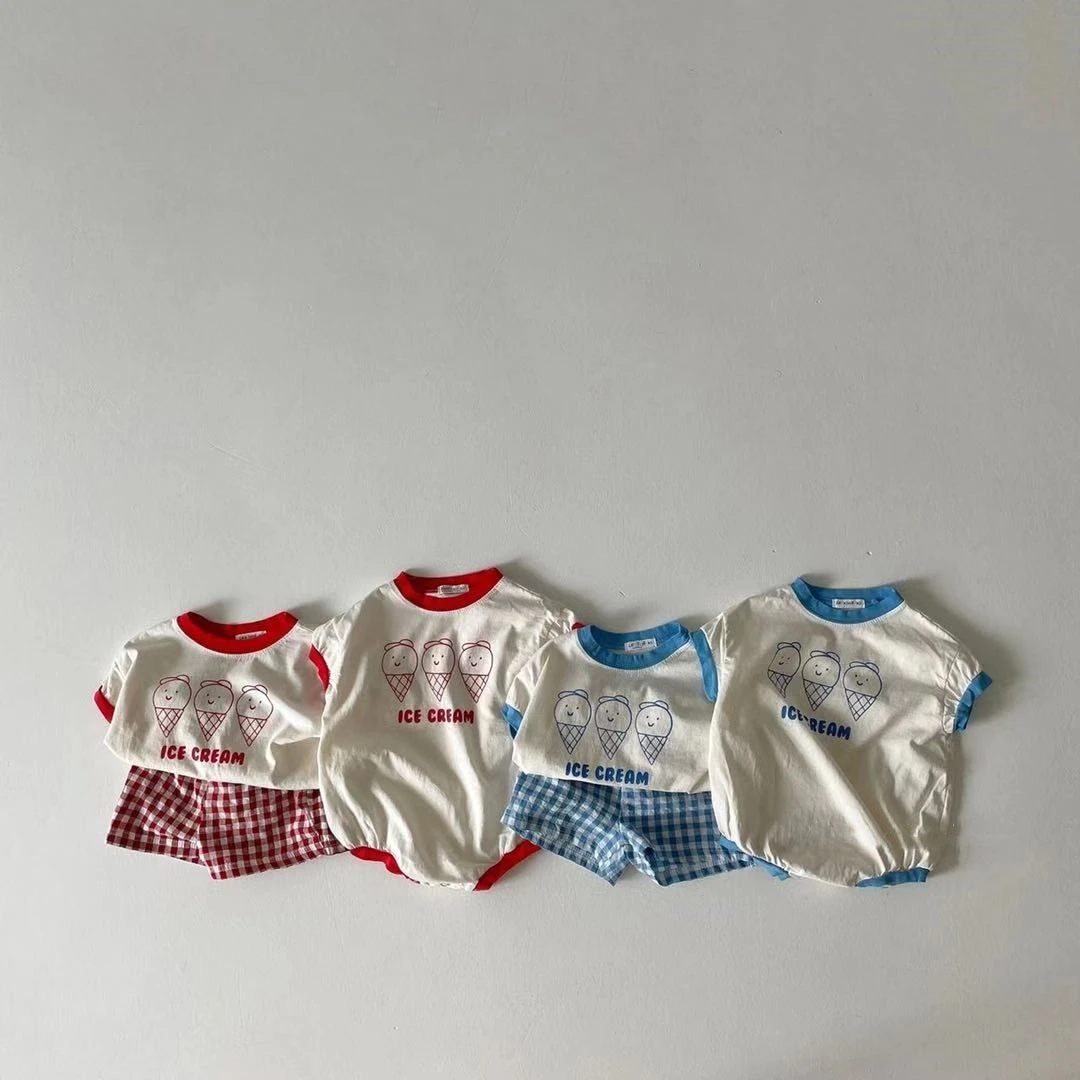 2022 Summer New Baby Cute Ice Cream Print Clothes Set Infant Boy Short Sleeve T Shirt 2pcs Set Cotton Baby Girl Plaid Shorts Set Baby Clothing Set classic