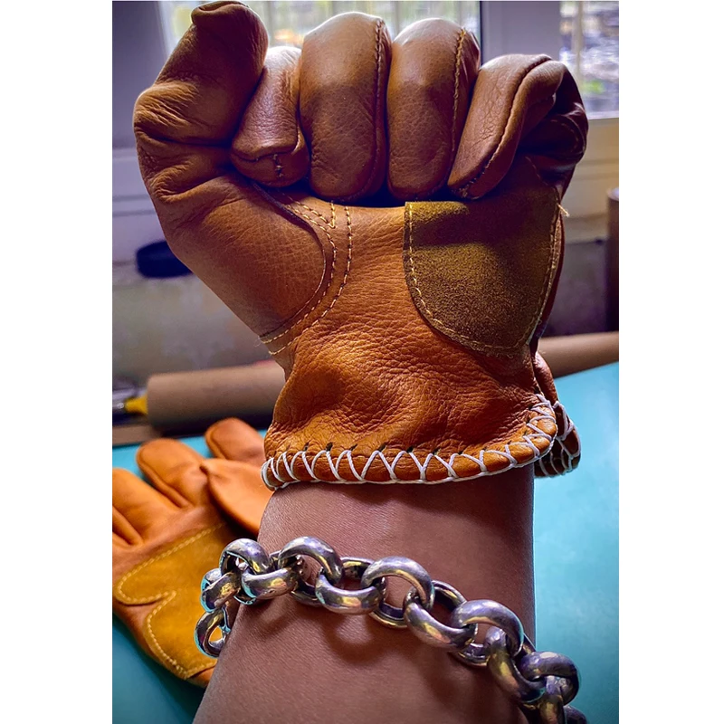 Retro Cowhide Genuine Real Leather Motorcycle Gloves - Image 6