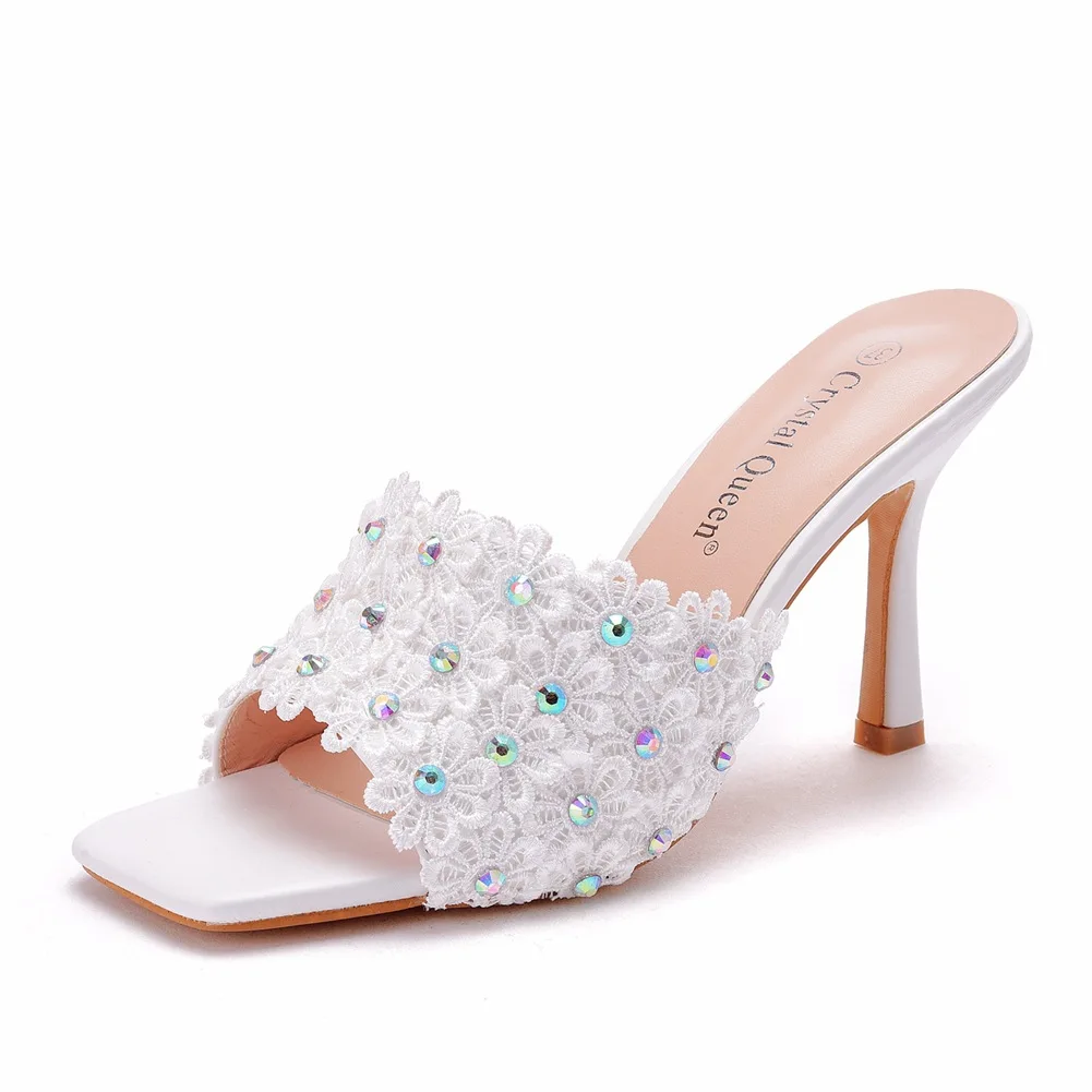 

Мюли женские с открытым носком, туфли на тонком каблуке, кружевные тапочки, Квадратные Высокие скандалы, сланцы, Искусственная резина, модные, 2024