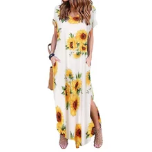 

2021European and American Foreign Trade New Amazon Print Loose Pockets Long Dress Short Sleeve Split Dress