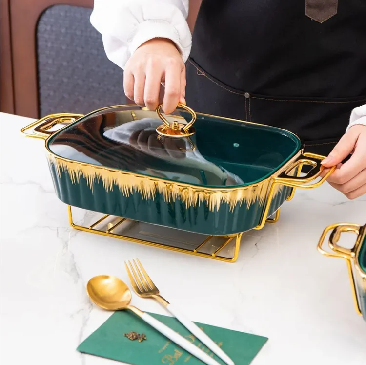 Rectangular Porcelain Casserole Warming Trays for Food, Chafers and Buffet  Warmers Sets, Gold Plating Serving Dishes