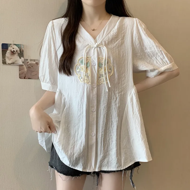 

LKSK Women's Belly Covering New Chinese Chiffon Short Sleeved Shirt Summer Fat Sister Western Versatile Style Top