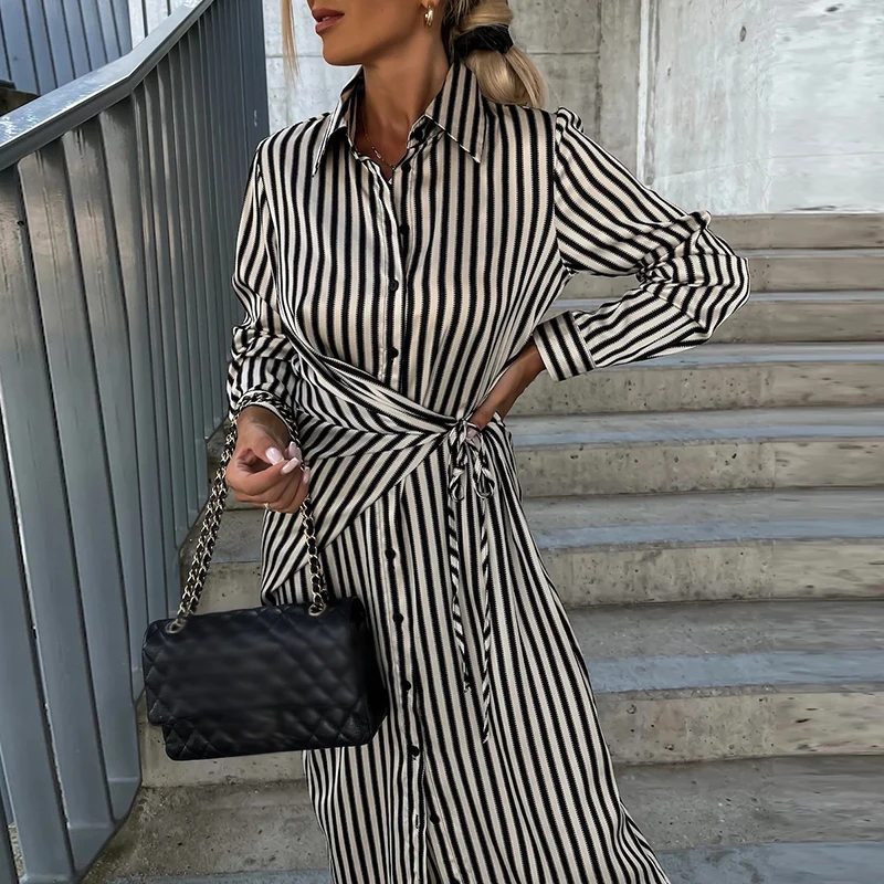 

Fall Retro Stripe Single Breasted Shirt Dress Chic Adjustable Lace Up Women's Long Dress 2023 Office Lady Turn-down Collar Dress
