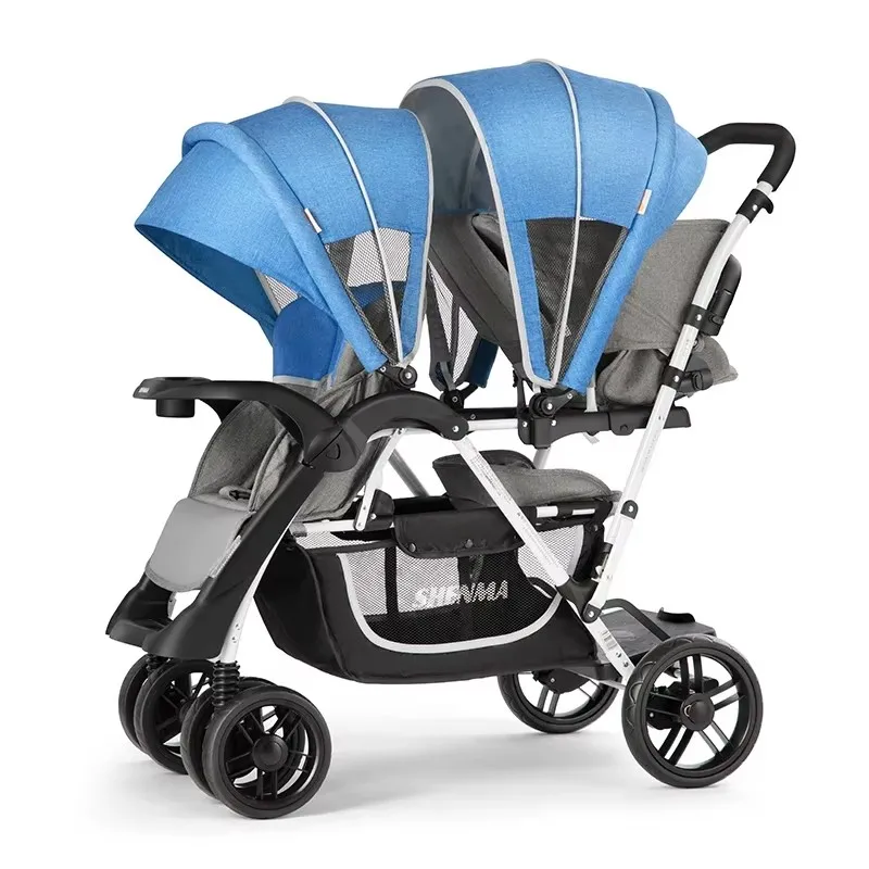 Double Kids Sit/Stand Stroller With Rain Cover, Fold Pram For 2 Baby, 4 Color Available