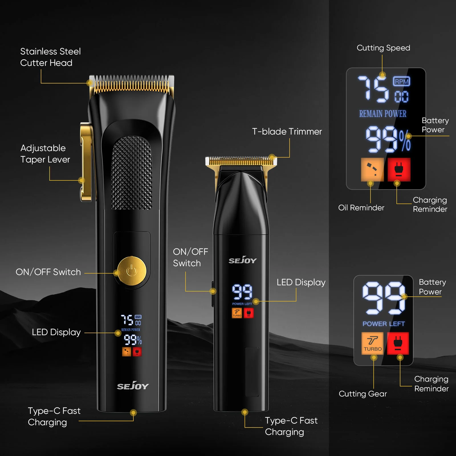 Sejoy Professional Electric Hair Clippers Kits 2 Gears Speeds LCD Rechargeable Hair Trimmers for Men Cordless Hair Cut Machine 5