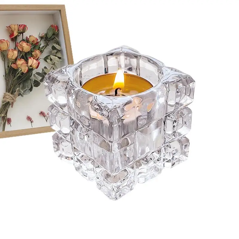 Fashion Luxury Candle Holders Solid Crystal Clear Square Glass Tealight Candlestick for Wedding Home Decor Hotel Supplies