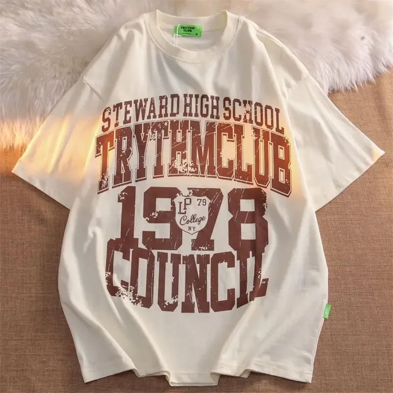 Cotton T-shirt American Trend Letter Print Loose Oversize Versatile Couple Short Sleeved Men and Women Summer Half Sleeved Top