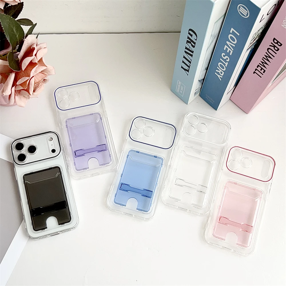Transparent Card Holder Wallet Case with Folding Stand and Candy Color Finish