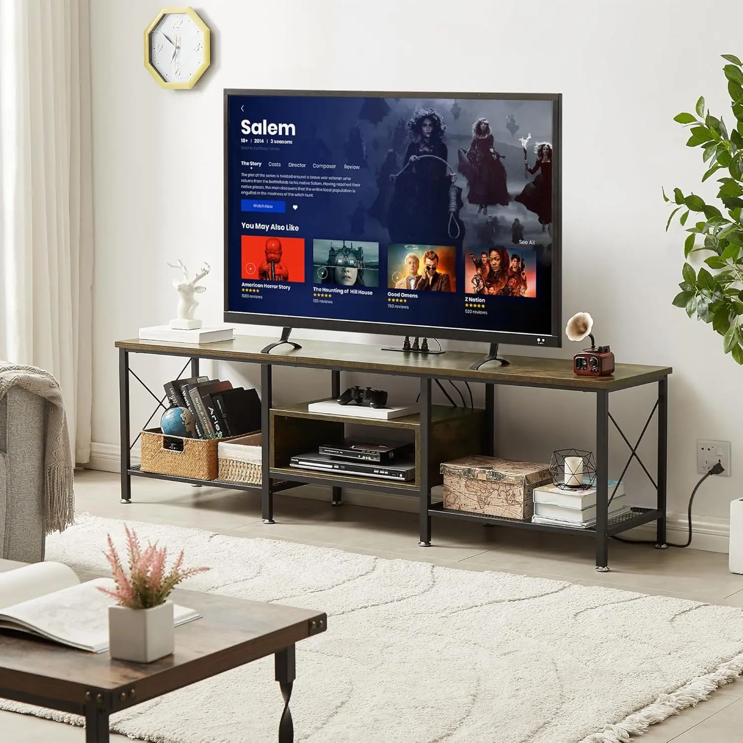 TV Stand with Power Outlets for 75" TVs, 70" Industrial Entertainment Center with Charging Station, 3-Tier Shelves – Brown