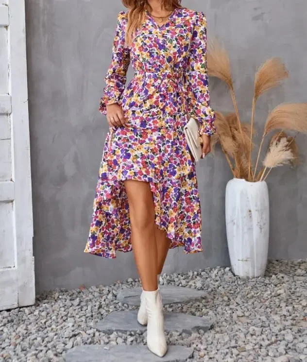 

Women's Dresses 2023 New Elegant Printed Autumn and Winter Long Sleeve Dress V-Neck Irregular Lace-Up Waist Dress Famale Dress