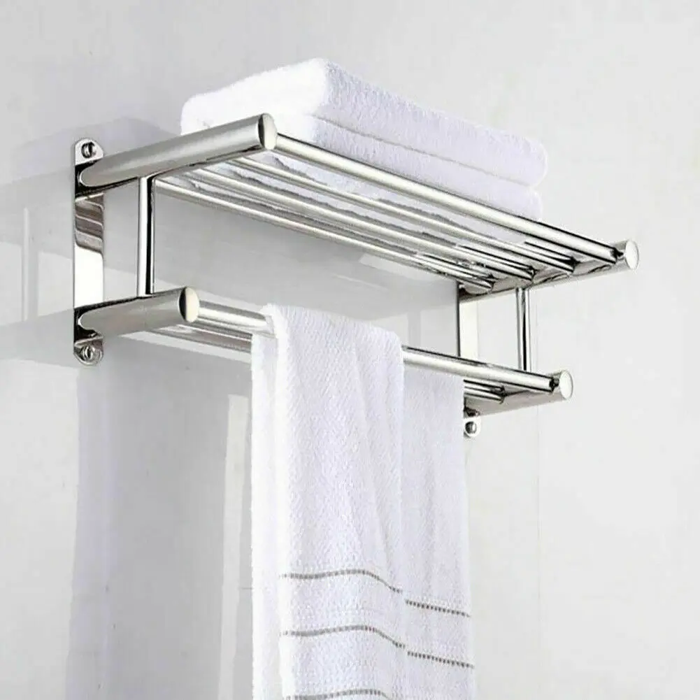 

Stainless Wall Mounted Steel Towel Rack Bathroom Accessories 40cm 2 Layers Bathrobe Shelves Thicken Hanging Bar Storage Hanger