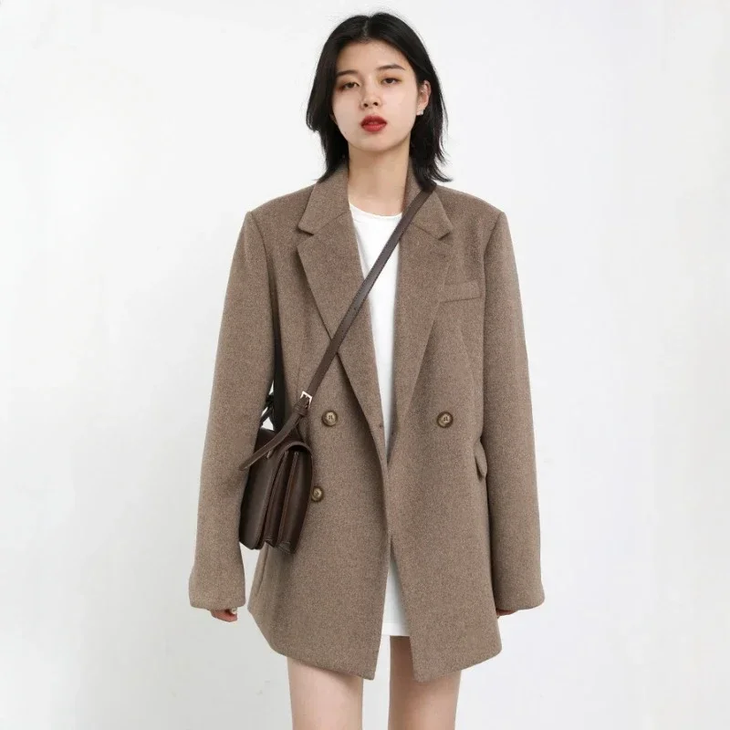 Women Wool Blend Coat Solid Mid Long Woolen Blazer Thick Warm Blouse Women's Overcoat Office Lady Tops Autumn and Winter 2023