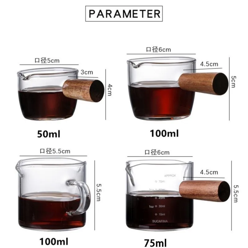 Wood Handle Glass Coffee Mini Milk Cup Espresso Measuring Cup Double/Single Mouth Kitchen Sauce Dish Measure Mug 50/75/100ml for Measuring Cup